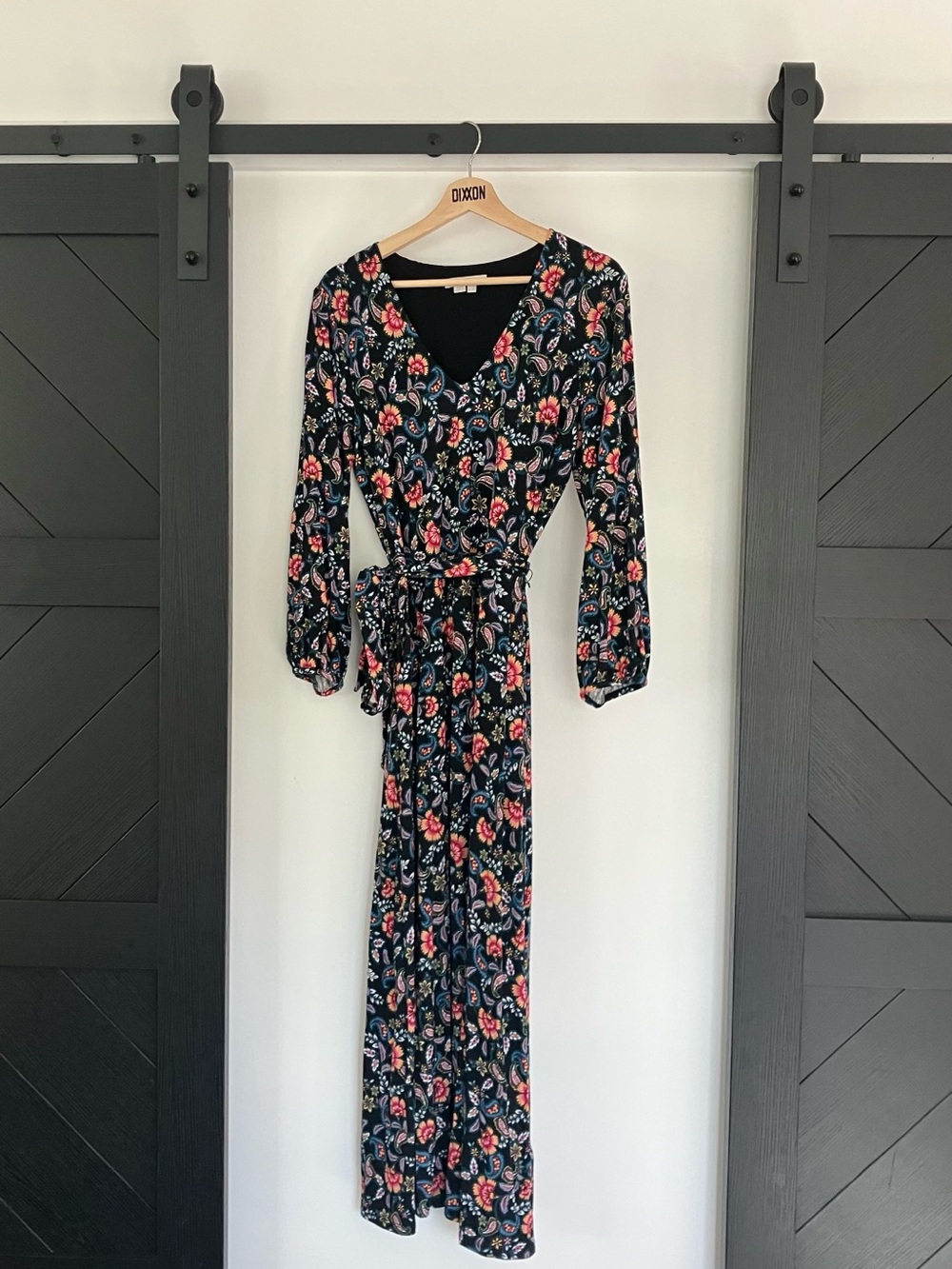Boden Black Floral Wrap Maxi Dress with vibrant Print
